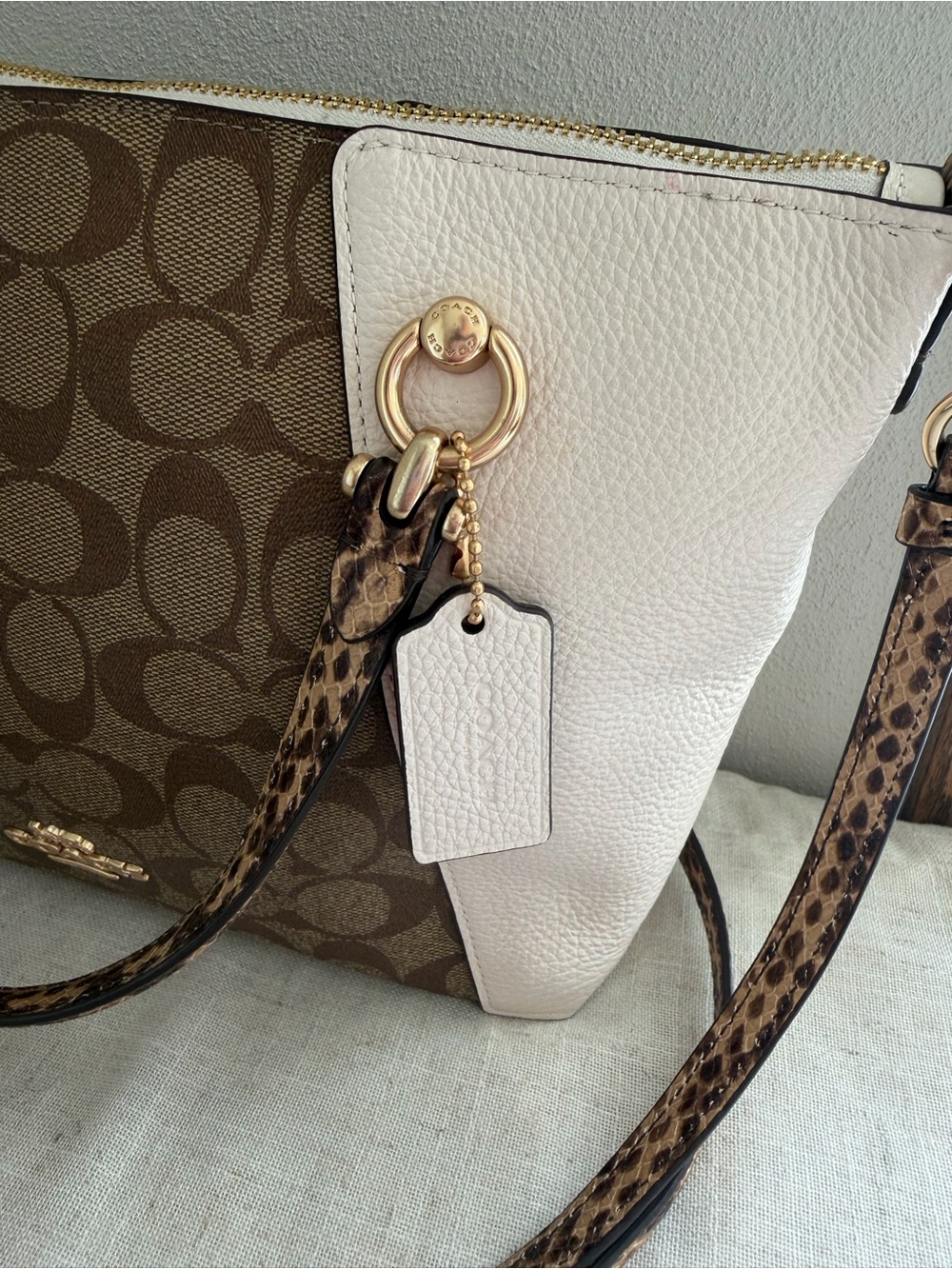 Coach Kacey White Snakeskin Satchel Crossbody Bag In Blocked Signature Canvas - Picture 3 of 15